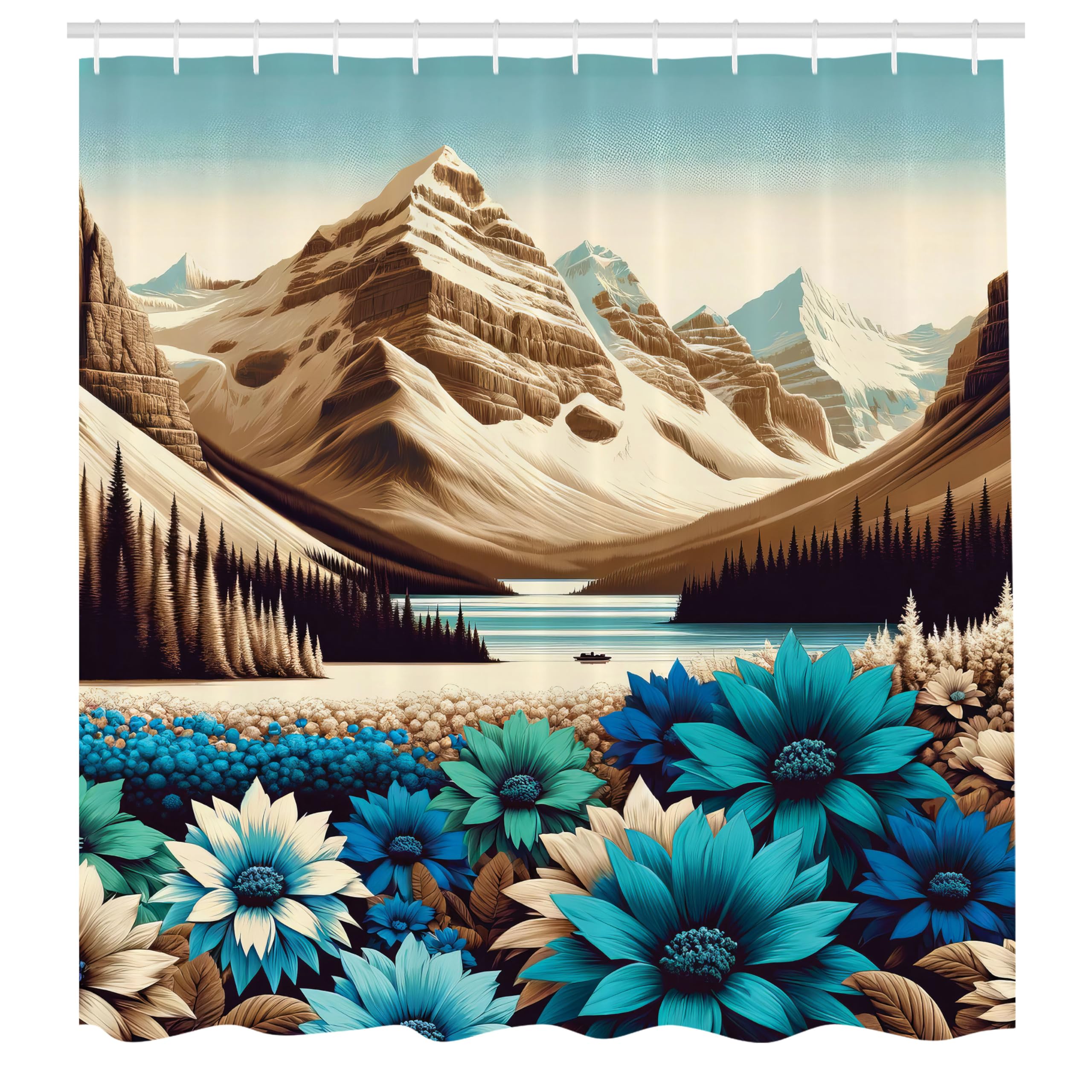 Ambesonne Lake Shower Curtain, Art Of Mountain Scene With Icy Tone Sunflowers Meadow And Dark Woodland, Cloth Fabric Bathroom De